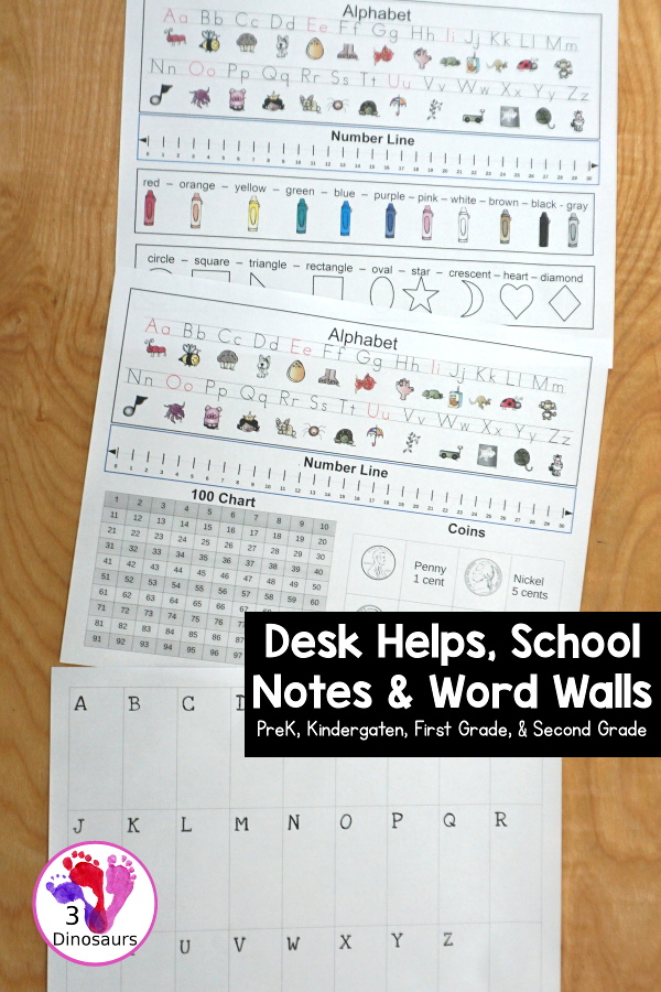 Free School Help Printables: Desk Helps, Notes & Word Walls - two desk helps for PreK and kindergarten and first grade and second grade, notes for school and word walls for the desk. - 3Dinosaurs.com