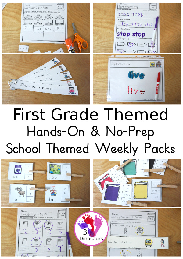 No-Prep & Hands-On School Themed Weekly Packs for First Grade with 5 days of activities to do  with hands-on and no-prep that match up for each day  with addition, subtraction, sight words, reading strips, CVC word review, and Digraphs - 3Dinosaurs.com