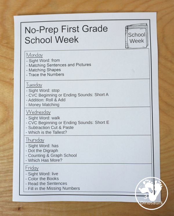 No-Prep & Hands-On School Themed Weekly Packs for First Grade with 5 days of activities to do  with hands-on and no-prep that match up for each day  with addition, subtraction, sight words, reading strips, CVC word review, and Digraphs - 3Dinosaurs.com