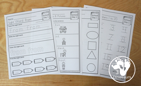 No-Prep & Hands-On School Themed Weekly Packs for First Grade with 5 days of activities to do  with hands-on and no-prep that match up for each day  with addition, subtraction, sight words, reading strips, CVC word review, and Digraphs - 3Dinosaurs.com