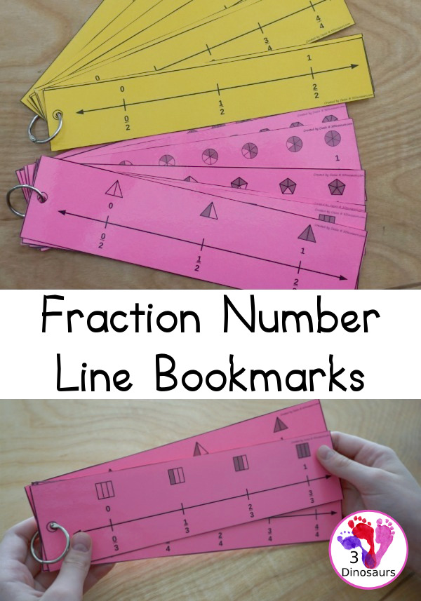 Fraction Number Line Bookmarks - a great hands-on math tool to help kids see fractions on a number line. You have 2, 3, 4, 5, 6, 8, 10, 12 for fraction numbers - 3Dinosaurs.com