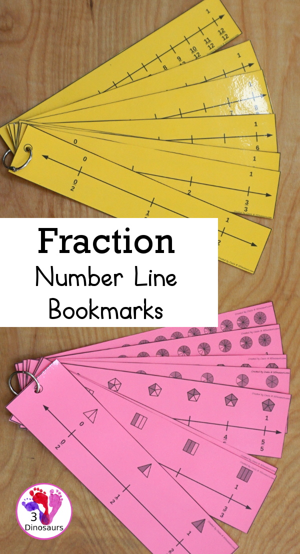 Fraction Number Line Bookmarks - a great hands-on math tool to help kids see fractions on a number line. You have 2, 3, 4, 5, 6, 8, 10, 12 for fraction numbers - 3Dinosaurs.com