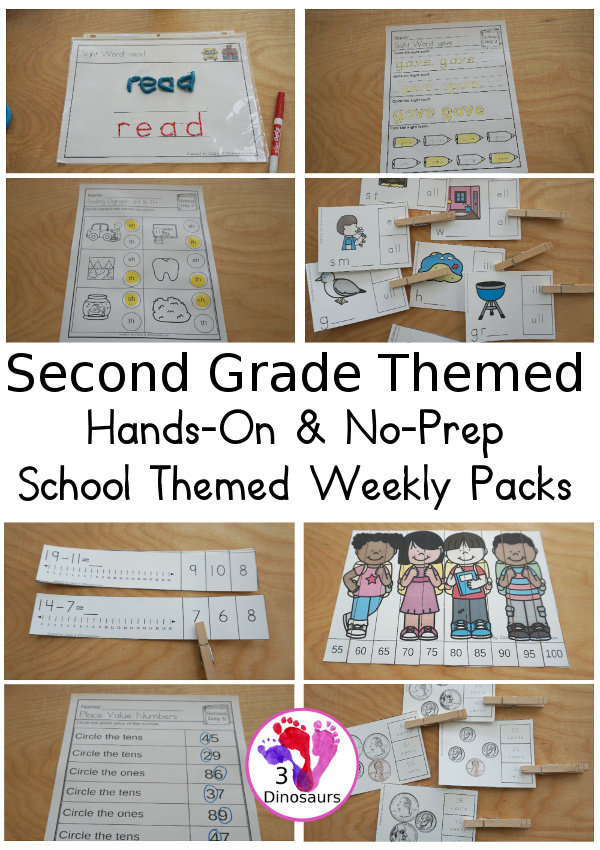 No-Prep & Hands-On School Themed Weekly Packs for Second Grade with 5 days of activities to do with hands-on and no-prep that match up for each day with addition, subtraction, skip counting, sight words, reading strips, CVCC word review, and more - 3Dinosaurs.com