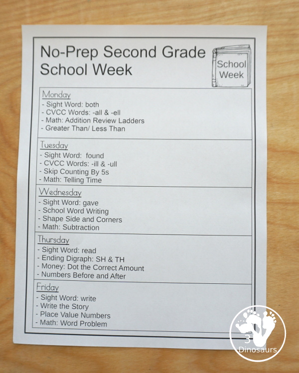 No-Prep & Hands-On School Themed Weekly Packs for Second Grade with 5 days of activities to do  with hands-on and no-prep that match up for each day  with addition, subtraction, skip counting, sight words, reading strips, CVCC word review, and more - 3Dinosaurs.com