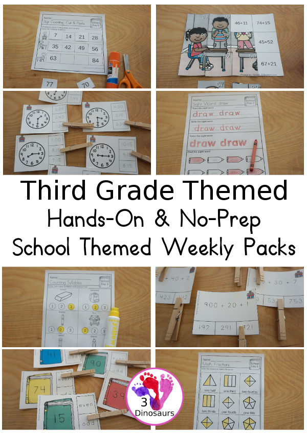 No-Prep & Hands-On School Themed Weekly Packs for Third Grade with 5 days of activities to do with hands-on and no-prep that match up for each day with addition, subtraction, fractions, skip counting, sight words, repeat addition, CVCe word review, and more - 3Dinosaurs.com