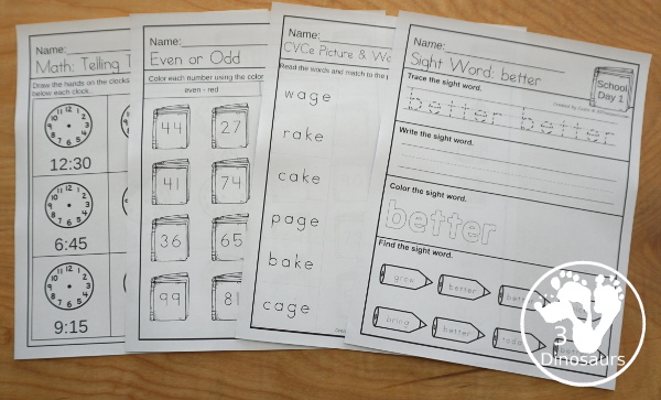 No-Prep & Hands-On School Themed Weekly Packs for Third Grade with 5 days of activities to do  with hands-on and no-prep that match up for each day with addition, subtraction, skip counting, sight words, repeat addition, CVCe word review, and more - 3Dinosaurs.com