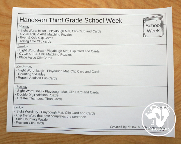 No-Prep & Hands-On School Themed Weekly Packs for Third Grade with 5 days of activities to do  with hands-on and no-prep that match up for each day with addition, subtraction, skip counting, sight words, repeat addition, CVCe word review, and more - 3Dinosaurs.com