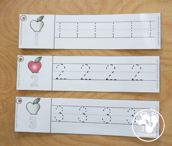 Free Apple Theme Number Tracing Strips - with numbers 0 to 20. You have fun kids with a school supply plus you can see an example of how to trace the numbers - 3Dinosaurs.com