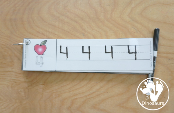 Free Apple Theme Number Tracing Strips - with numbers 0 to 20. You have fun apples plus you can see an example of how to trace the numbers - 3Dinosaurs.com
