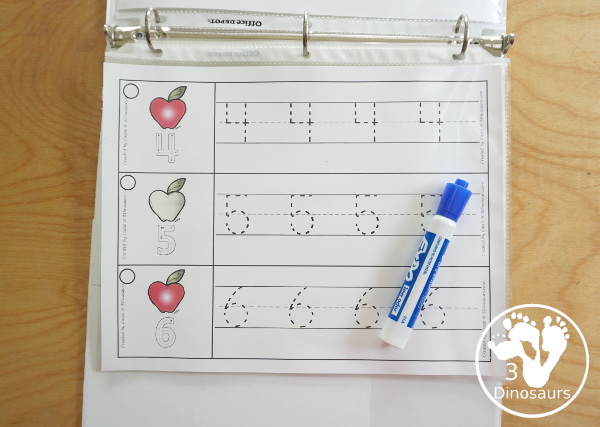 Free Apple Theme Number Tracing Strips - with numbers 0 to 20. You have apples you can see an example of how to trace the numbers - 3Dinosaurs.com