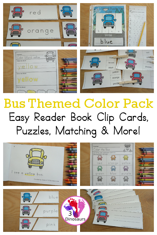 Bus Color Pack - with 63 pages of printables with color easy reader book, bus color clip cards, bus color tracing strips, bus color writing strips, bus color pocket chart cards, bus color word writing, bus color word puzzles, and more all to work on learning color words. This is a great back to school theme - 3Dinosaurs.com