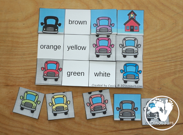 Bus Color Pack -  - with 63 pages of printables with color easy reader book, bus color clip cards, bus color tracing strips, bus color writing strips, bus color pocket chart cards, bus color word writing, bus color word puzzles, and more all to work on learning color words. This is a great back to school theme - 3Dinosaurs.com