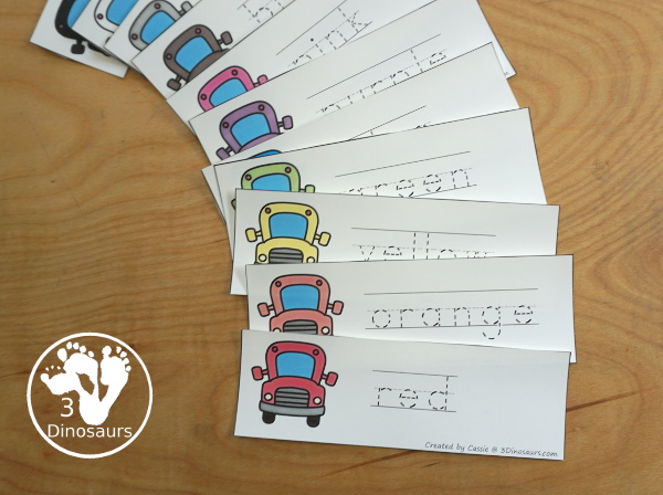 Bus Color Pack - - with 63 pages of printables with color easy reader book, bus color clip cards, bus color tracing strips, bus color writing strips, bus color pocket chart cards, bus color word writing, bus color word puzzles, and more all to work on learning color words. This is a great back to school theme - 3Dinosaurs.com