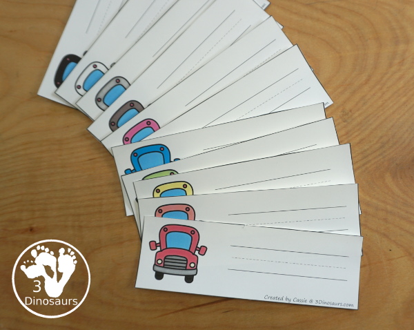 Bus Color Pack -  - with 63 pages of printables with color easy reader book, bus color clip cards, bus color tracing strips, bus color writing strips, bus color pocket chart cards, bus color word writing, bus color word puzzles, and more all to work on learning color words. This is a great back to school theme - 3Dinosaurs.com