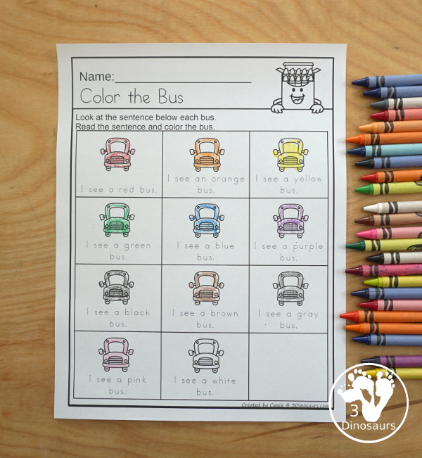 Bus Color Pack - with 63 pages of printables with color easy reader book, bus color clip cards, bus color tracing strips, bus color writing strips, bus color pocket chart cards, bus color word writing, bus color word puzzles, and more all to work on learning color words. This is a great back to school theme - 3Dinosaurs.com