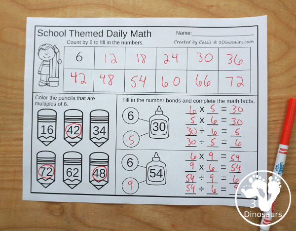No Prep School Themed Multiplication & Division  - 30 pages no-prep printables with a mix of multiplication and division  activities plus a math center activity - 3Dinosaurs.com #noprepmath #tpt #division #multiplication