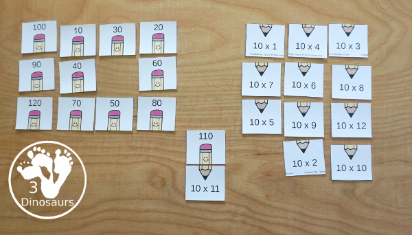 Pencil Multiplication Matching Puzzles - with multiplication for number 1 to 12 - with each number on a single page - 3Dinosaurs.com