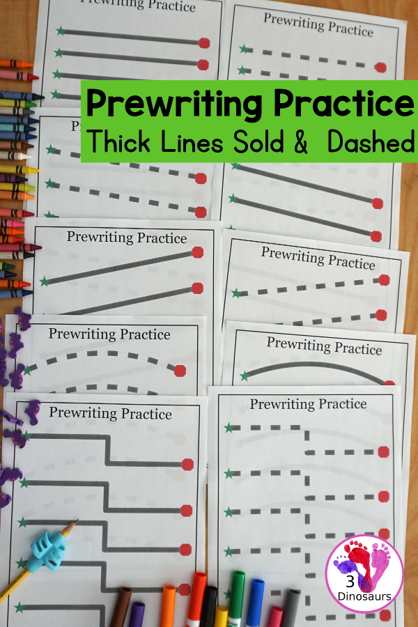 Free Prewriting Practice Solid & Dashed Printables - easy to use with start and stop prewriting lines for kids to use. A great preschool and prek prewriting printable - 3Dinosaurs.com #prewriting #finemotorskills #freeprintables