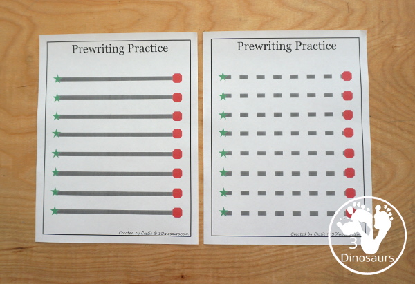 Free Prewriting Practice Solid & Dashed Printables - easy to use with start and stop lines for kids to use - 3Dinosaurs.com #prewriting #finemotorskills #freeprintables