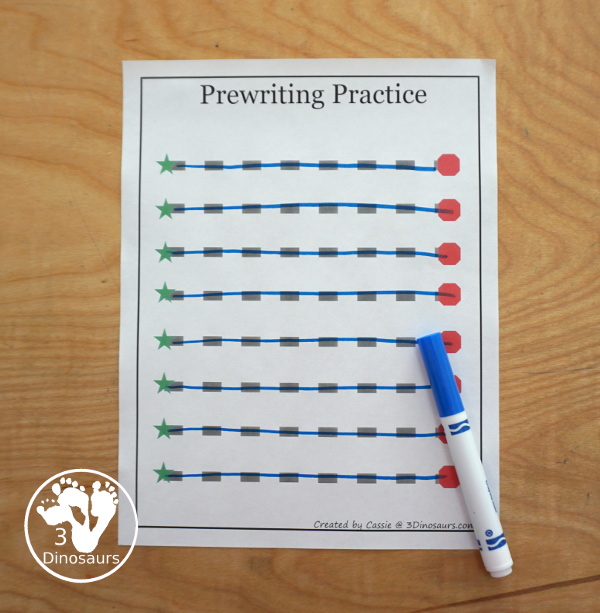 Free Prewriting Practice Solid & Dashed Printables - easy to use with start and stop lines for kids to use - 3Dinosaurs.com #prewriting #finemotorskills #freeprintables