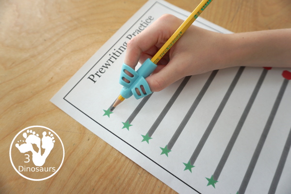Free Prewriting Practice Solid & Dashed Printables - easy to use with start and stop lines for kids to use - 3Dinosaurs.com #prewriting #finemotorskills #freeprintables