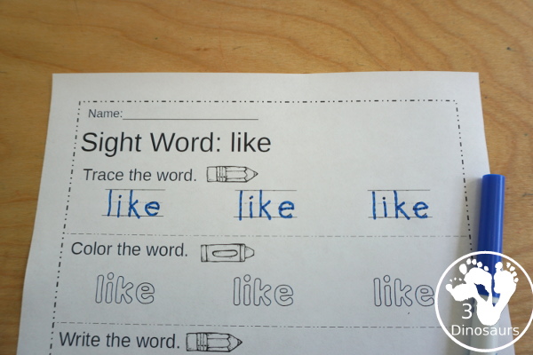Free Primer Sight Word Trace, Color, Write, Cut & Paste - all 52 dolch primer sight words in an easy to use worksheet that has trace, coloring, writing, and cut and paste for the sight words - 3Dinosaurs.com - 3Dinosaurs.com