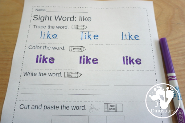 Free Primer Sight Word Trace, Color, Write, Cut & Paste - all 52 dolch primer sight words in an easy to use worksheet that has trace, coloring, writing, and cut and paste for the sight words - 3Dinosaurs.com - 3Dinosaurs.com