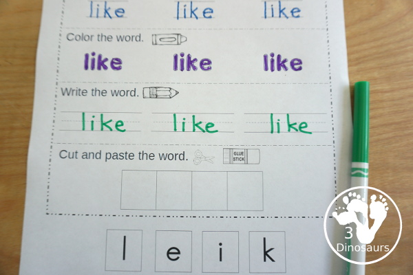 Free Primer Sight Word Trace, Color, Write, Cut & Paste - all 52 dolch primer sight words in an easy to use worksheet that has trace, coloring, writing, and cut and paste for the sight words - 3Dinosaurs.com - 3Dinosaurs.com