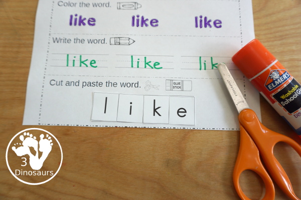 Free Primer Sight Word Trace, Color, Write, Cut & Paste - all 52 dolch primer sight words in an easy to use worksheet that has trace, coloring, writing, and cut and paste for the sight words - 3Dinosaurs.com - 3Dinosaurs.com