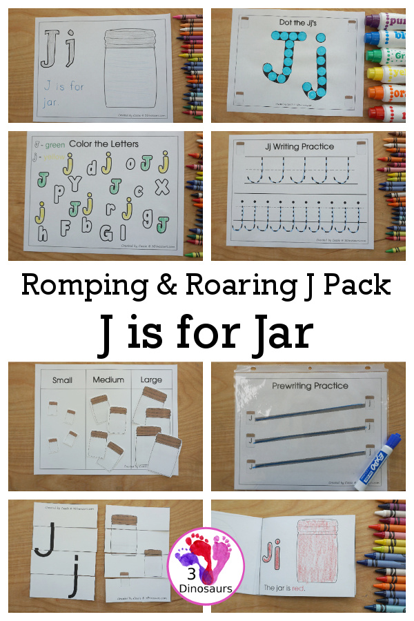 Free Romping & Roaring J Pack Letter Pack: J is for Jar - a letter J pack that has prewriting, finding letters, tracing letters, coloring pages, shapes, puzzles and more - 3Dinosaurs.com