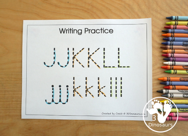 Free Romping & Roaring JKL Review Pack - with letter j, letter k, and letter l printables for reviewing the three letters with tracing, puzzles, coloring pages, finger puppets, game and more- 3Dinosaurs.com