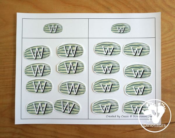 Free Romping & Roaring W Pack: Letter W is for Watermelon  - a letter W pack that has prewriting, finding letters, tracing letters, coloring pages, shapes, puzzles and more - 3Dinosaurs.com