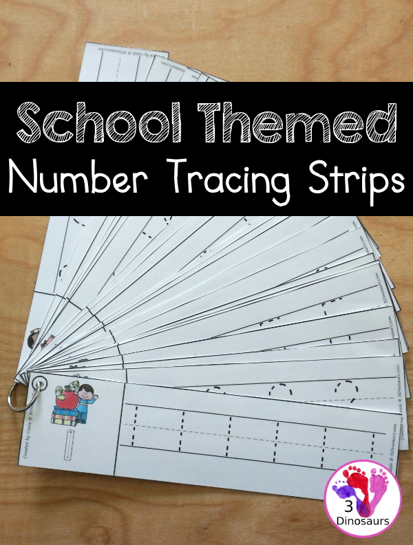 Free School Themed Number Tracing Strips - with numbers 0 to 20. You have fun kids with a school supply plus you can see an example of how to trace the numbers - 3Dinosaurs.com