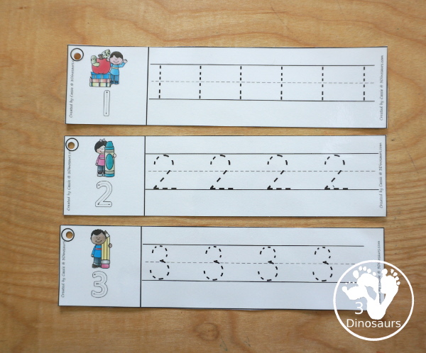 Free School Themed Number Tracing Strips - with numbers 0 to 20. You have fun kids with a school supply plus you can see an example of how to trace the numbers - 3Dinosaurs.com