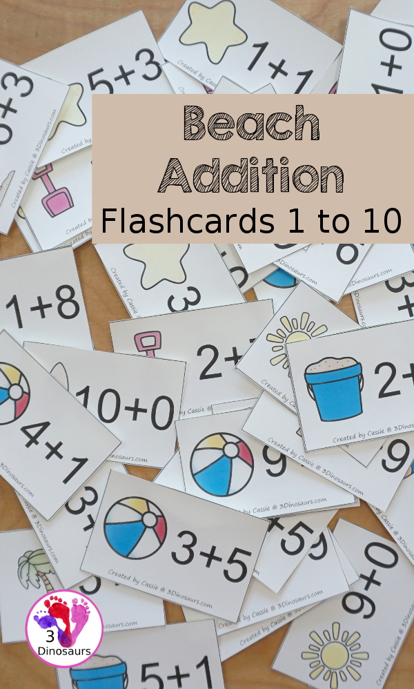 Free Beach Addition Flashcards with addition from 1 to 10 with all the ways to add up to each number - 3Dinosaurs.com
