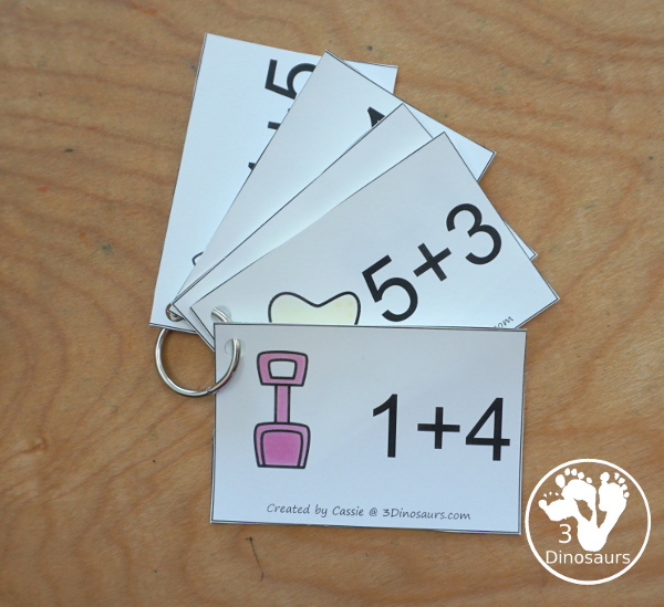 Free Beach Addition Flashcards with addition from 1 to 10 with all the ways to add up to each number - 3Dinosaurs.com