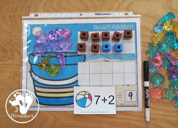 Free Beach Addition Flashcards with addition from 1 to 10 with all the ways to add up to each number - 3Dinosaurs.com