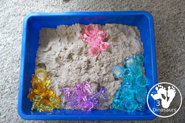 Beach Kinetic Sand & Shell Sensory Bin - for an easy to set up sensory play that kids can do any time of the year and work great for a beach theme day - 3Dinosaurs.com