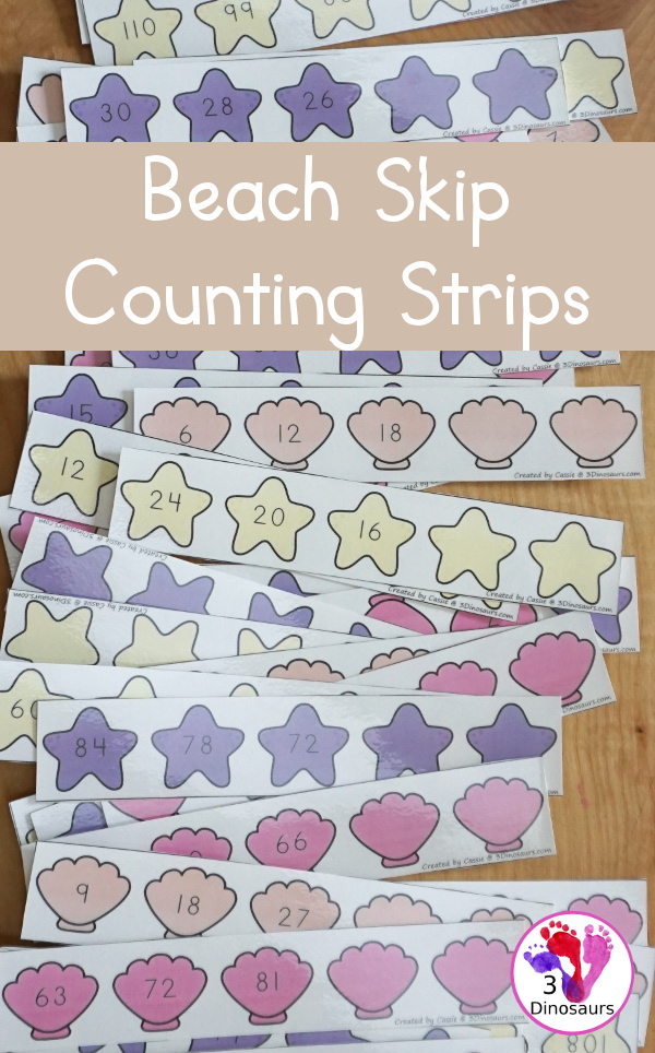 Free Beach Skip Counting Strips & Worksheet - with 4 skip counting strips for each number you are skip counting by with skip counting forward and skip counting backward with a fun recording worksheet for the beach skip counting strips. - 3Dinosaurs.com