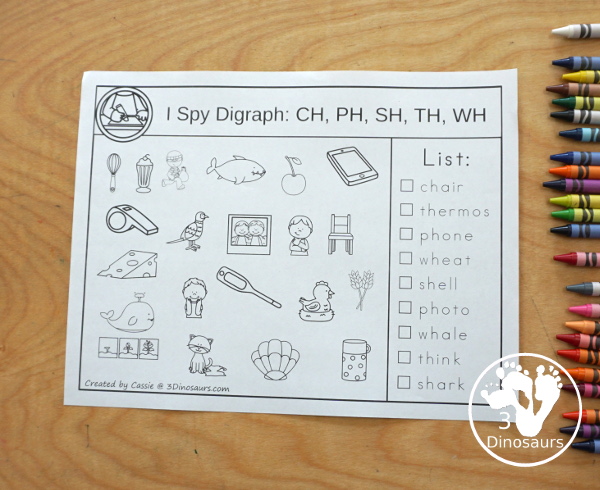 Free Digraph I Spy Printable - with three pages of digraph I printables to use with kids. You have a set with h digraphs and ending digraphs and qu, know and wr. - 3Dinosaurs.com