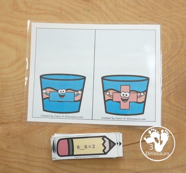 Free Pencil Addition & Subtraction Sorting - sorting math with addition side and a subjection side- 3Dinosaurs.com