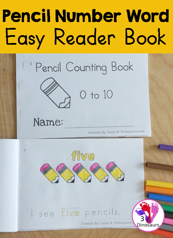 Free Pencil Number Word Counting Book Printable - with numbers from 0 to 10 with coloring number color and tracing number word in the sentence - 3Dinosaurs.com