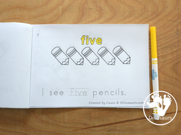Free Pencil Number Word Counting Book Printable - with numbers from 0 to 10 with coloring number color and tracing number word in the sentence - 3Dinosaurs.com