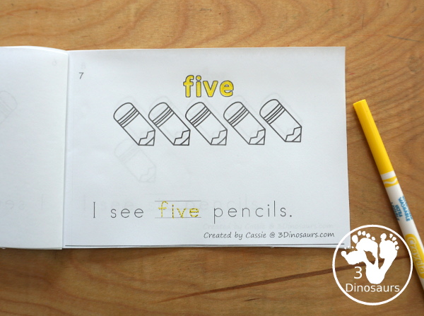 Free Pencil Number Word Counting Book Printable - with numbers from 0 to 10 with coloring number color and tracing number word in the sentence - 3Dinosaurs.com