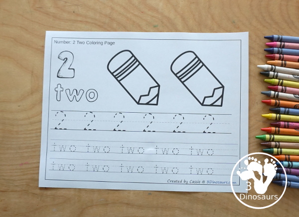 Free Pencil Themed Number Color & Trace - Numbers 1 to 10 with a number to color, pencils to count and color and three lines of tracing numbers - 3Dinosaurs.com