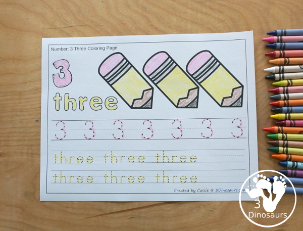 Free Pencil Themed Number Color & Trace - Numbers 1 to 10 with a number to color, pencils to count and color and three lines of tracing numbers - 3Dinosaurs.com