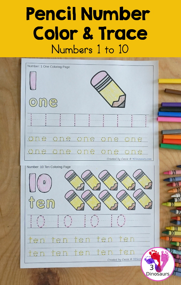 Free Pencil Themed Number Color & Trace - Numbers 1 to 10 with a number to color, pencils to count and color and three lines of tracing numbers - 3Dinosaurs.com