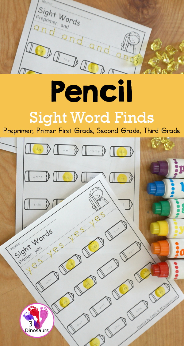 Pencil Sight Word Finds: Dolch Preprimer, Primer, First Grade, Second Grade, and Third Grade - You have tracing the sight words and find the sight words on fun hearts. This is a great no-prep printable for back to school- 3Dinosaurs.com