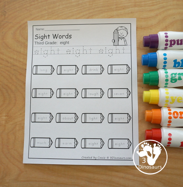Pencil Sight Word Finds: Dolch Preprimer, Primer, First Grade, Second Grade, and Third Grade - You have tracing the sight words and find the sight words on fun hearts. This is a great no-prep printable for  back to school- 3Dinosaurs.com