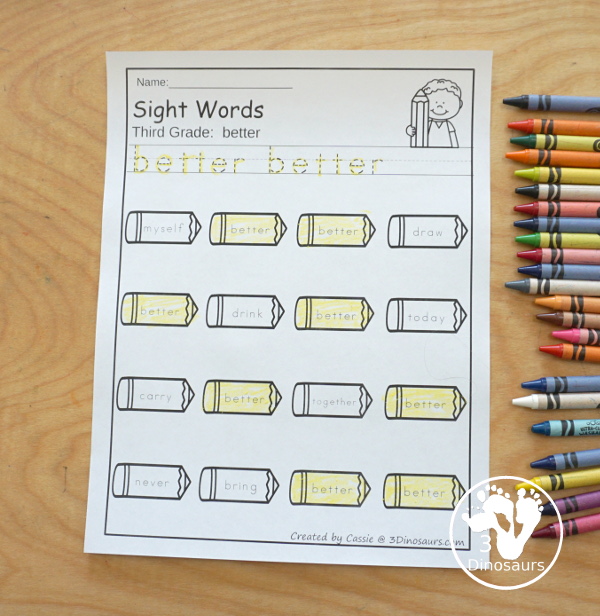 Pencil Sight Word Finds: Dolch Preprimer, Primer, First Grade, Second Grade, and Third Grade - You have tracing the sight words and find the sight words on fun hearts. This is a great no-prep printable for back to school- 3Dinosaurs.com